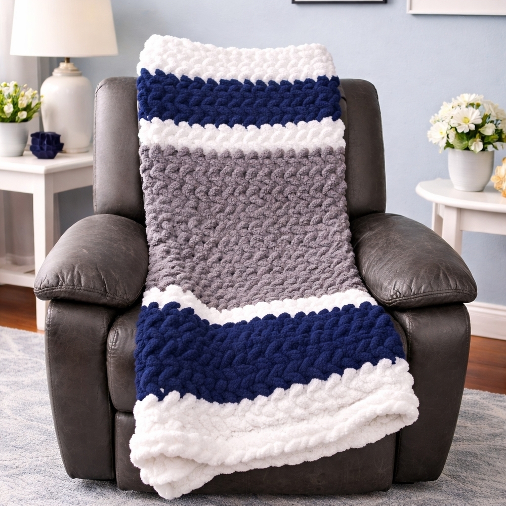 Plush Striped Chunky Knit Throw Blanket - Navy, Gray & White